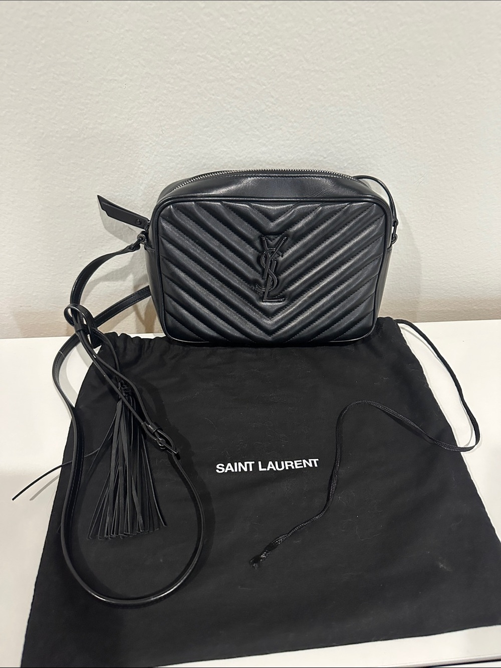 Saint Laurent Black Chevron Quilted Leather Crossbody with Tassel
